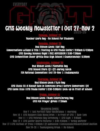 newsletter on black background with red and white text with shadow bulldog as accent