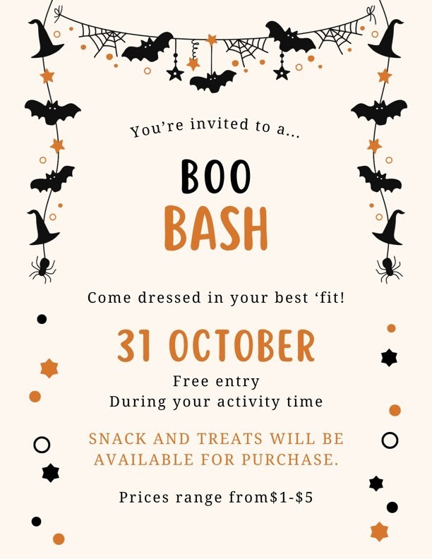 Students you're invited to our Boo Bash. Oct 31st during activity time.