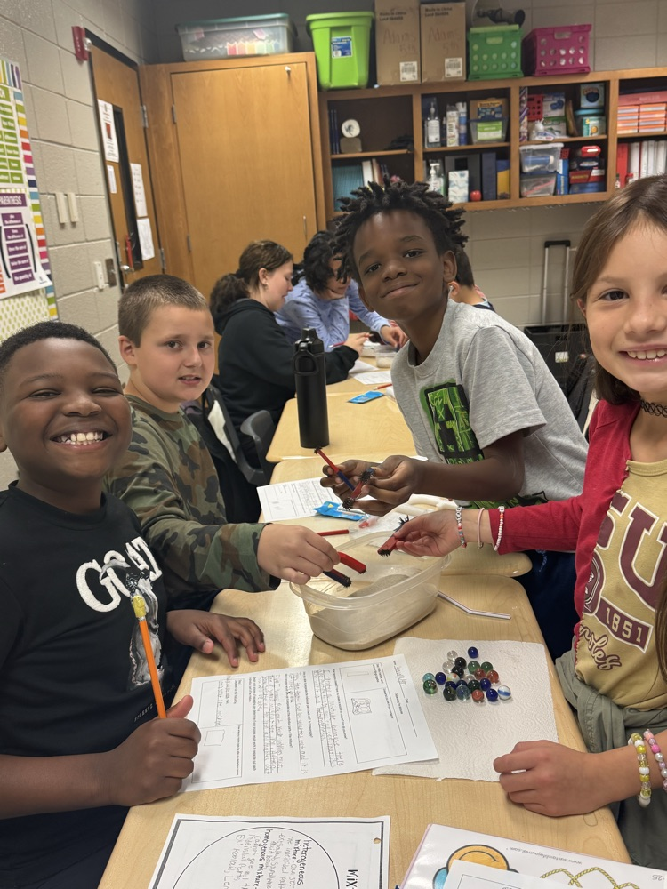 Students participated in hands on learning today! Students created a heterogenous mixture and then had to problem solve to separate out the individual parts!