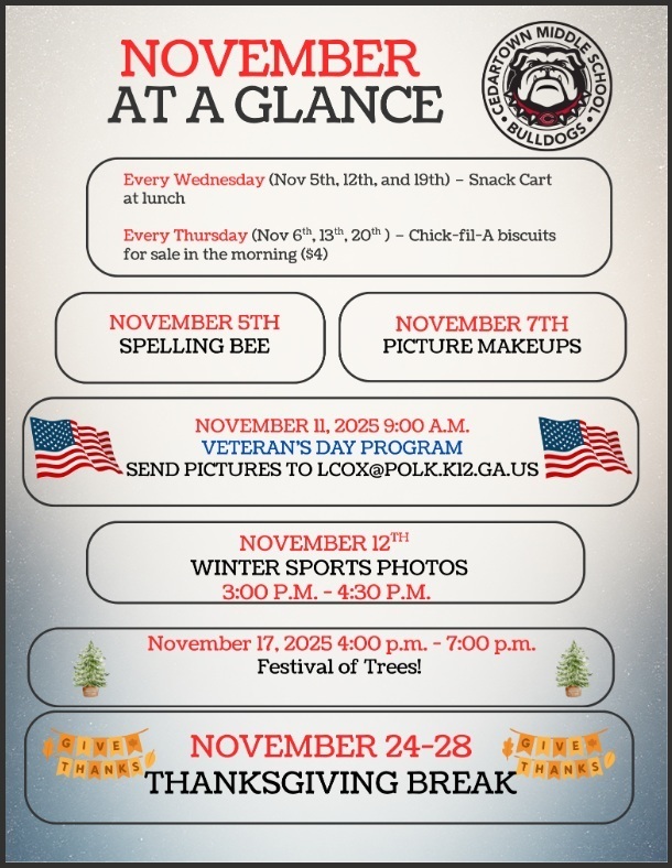November at a Glance Schedule on gray background with red and black text with clipart highlights