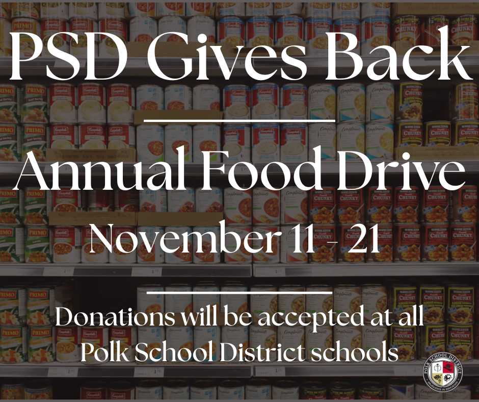PSD Gives Back - Annual Food Drive - November 11-21 - Donations will be accepted at all  PSD Schools