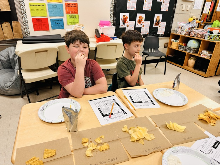 FB post:  3rd grade Gifted students used their Evaluative Thinking skills to develop criteria and assign value to different varieties of chips. After completing their matrix, most of them discovered they liked Laura Lynn classic chips the best! 