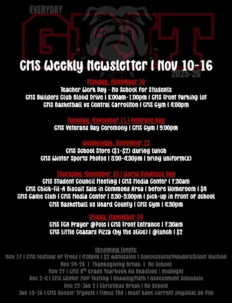 CMS Weekly Newsletter on black background with red and white text and shadow bulldog for accent