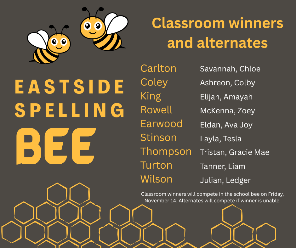 Classroom spelling bee list of winners and alternates.
