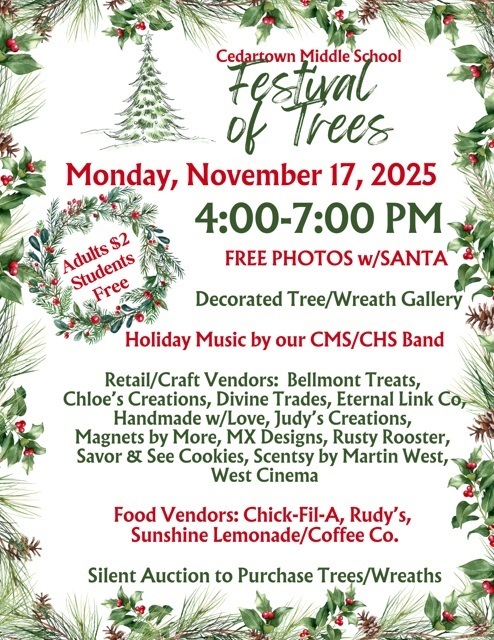 flyer with red and green text and holly accents
