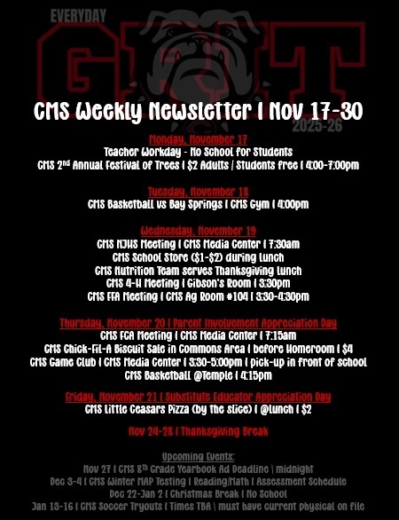 newsletter on lack background with red and white text with shadow bulldog as accent