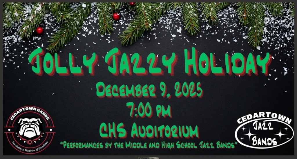 Jazz Band Concert Flyer with black background with red and green text with bulldog and holiday images for accent