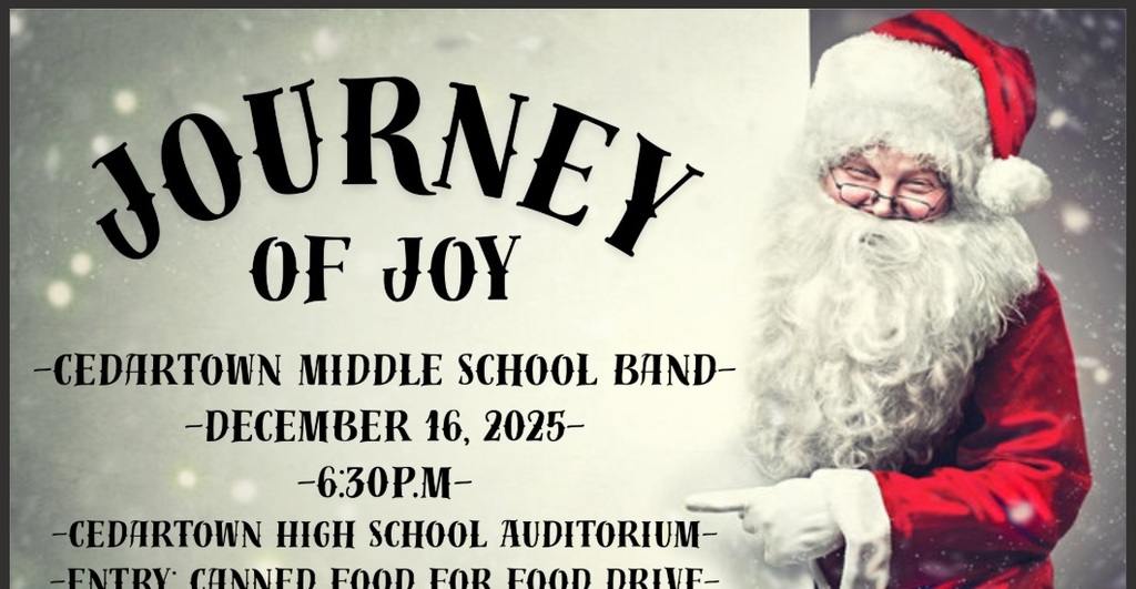 CMS Band Concert Flyer with white background and black text with santa image as accent
