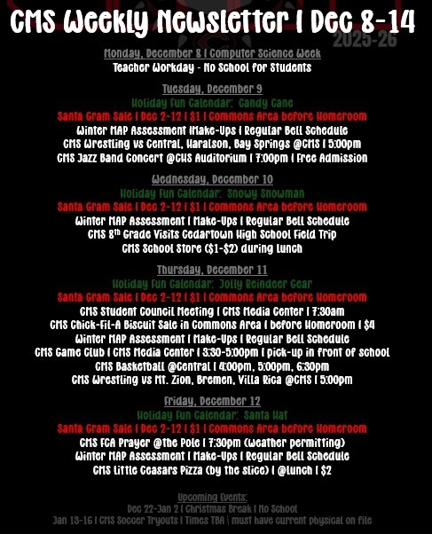 Newsletter on black background with red and white text