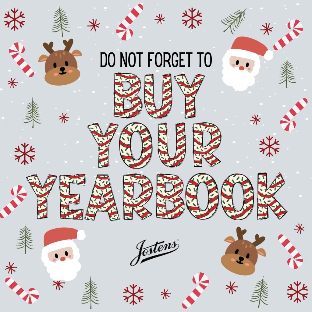 Yearbook Flyer with gray background and christmas accents (reindeer, Santa, candy canes, trees, snowflakes in all colors) with candy cane letters