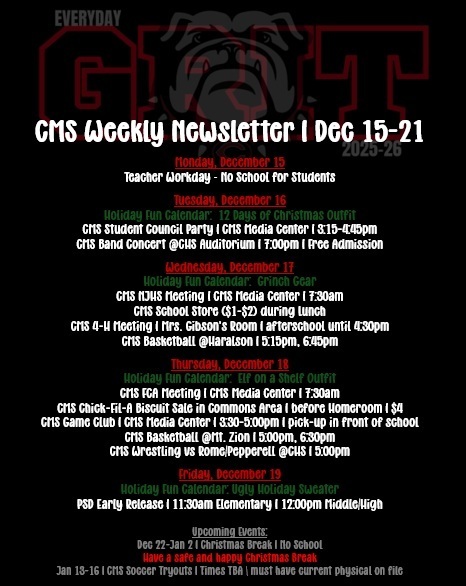 newsletter of events this week on black background with red and white text