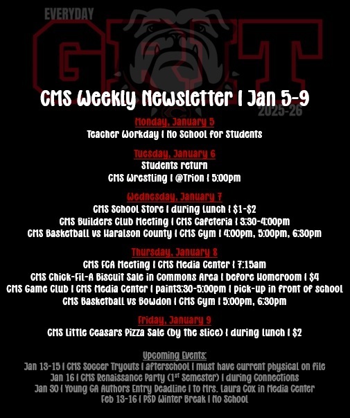 Newsletter on black background with red and white text with bulldog shadow mascot as accent