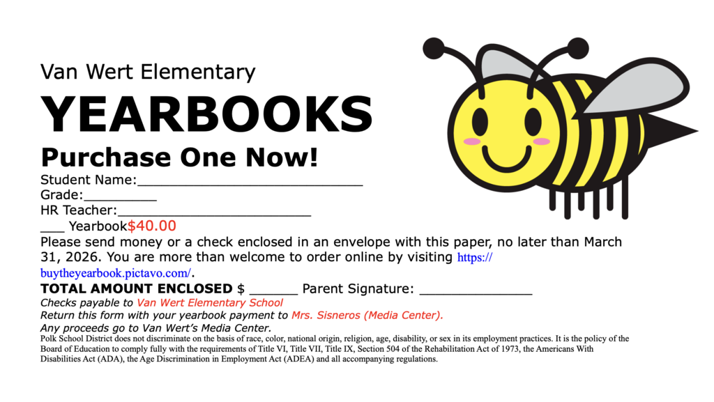 Yearbooks are on sell until we sell out. Prices are $40 per yearbook. Please use this form and turn into Mrs. Sisneros by March 31st. You can purchase online as well at Pictavo.com Checks (made out to Van Wert Elementary School) and cash accepted. 
