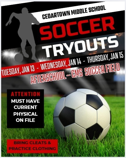 Soccer Tryout flyer with soccer field in background with red, black, and white text
