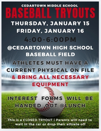 Baseball Tryouts flyer with baseball field in background with red and black text