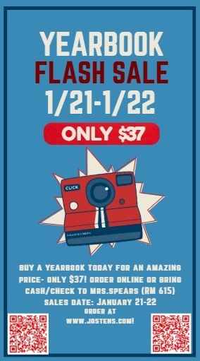 Yearbook Flash Sale flyer with blue background with red and white text with camera clicking photo as an accent
