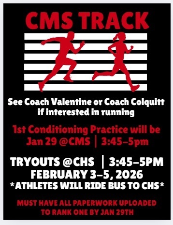 Track Flyer on black background with red and white text with shilouette runners as accent