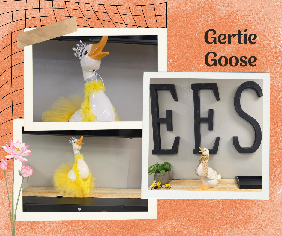 Ceramic goose in different outfits. Name on page is Gertie Goose