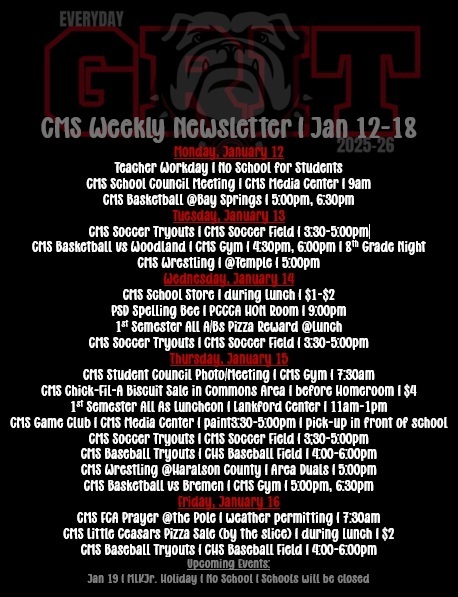 Newsletter on black background with white and red text with shadow bulldog as accent