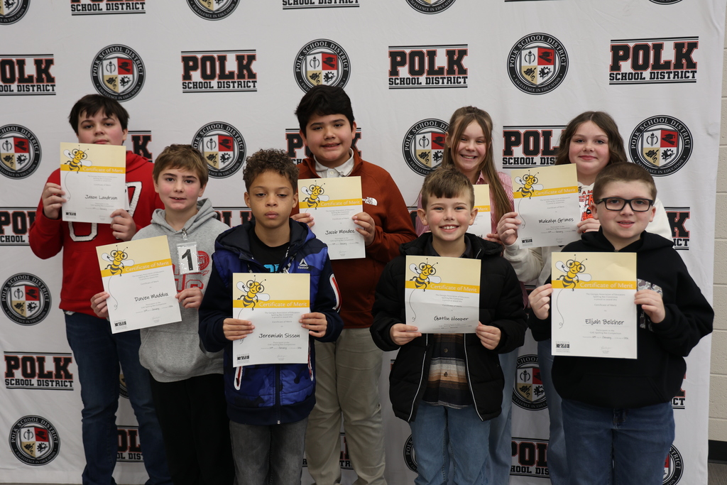 Congratulations to Ms. Anna Shepard. She is PSD's runner up, placing 2nd in today's spelling. All of PSD's spelling bee participants smiling for the camera with their certificates. . 