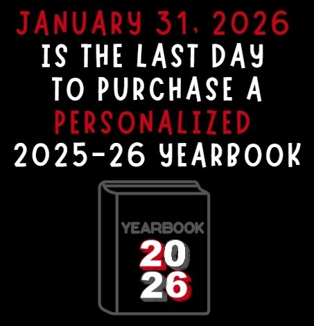 Yearbook flyer with black background and white and red text with yearbook clipart graphic for accent