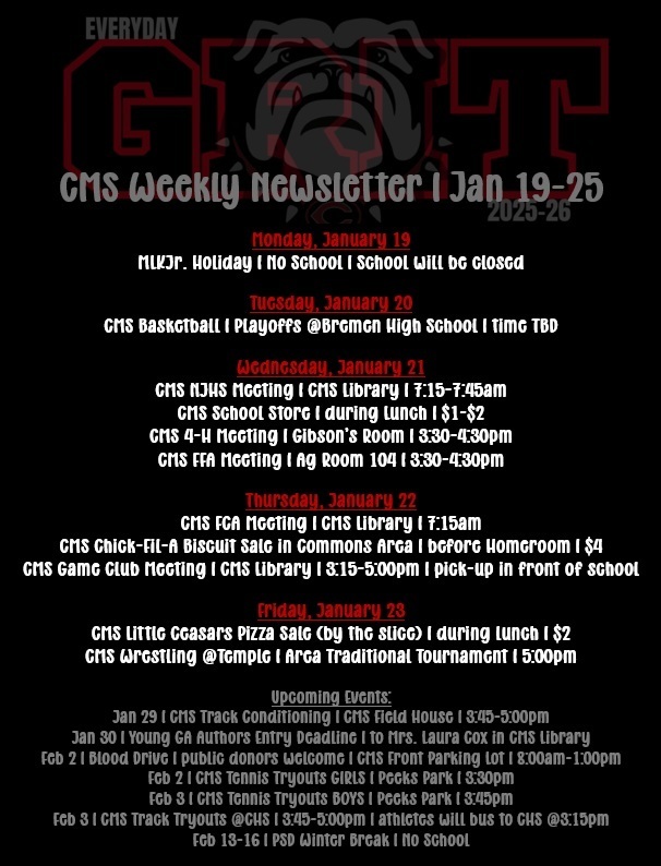 newsletter with black background with red and white text