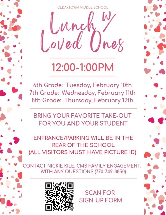 Lunch with Loved Ones Flyer with white background and pink and red text with heart border for accent and QR code to scan for more information