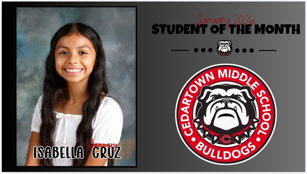 Student of the Month with photo of student on gray background with black and red text with school seal as accent