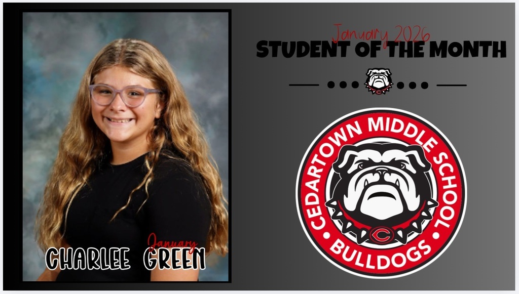 Student of the Month with photo of student on gray background with black and red text with school seal as accent