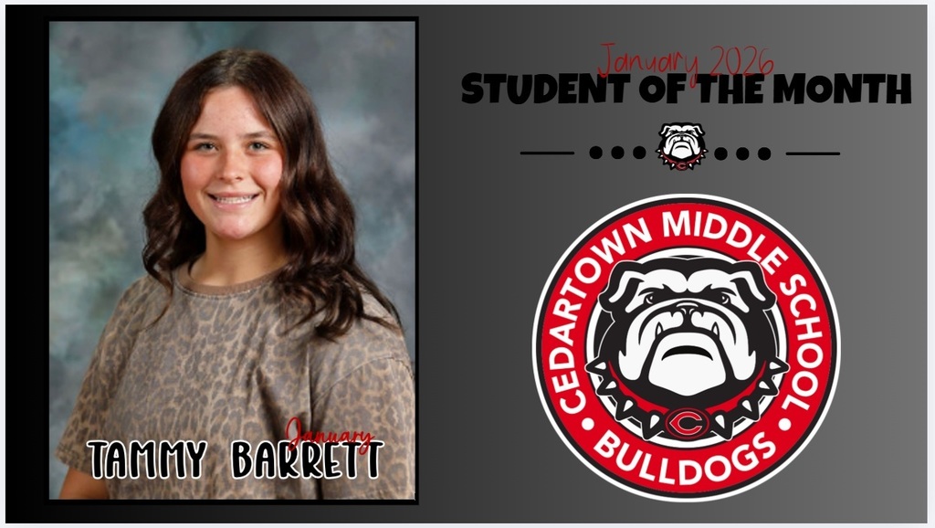 Student of the Month with photo of student on gray background with black and red text with school seal as accent