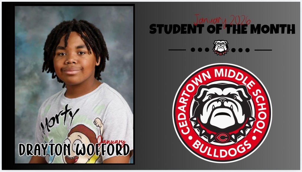 Student of the Month with photo of student on gray background with black and red text with school seal as accent