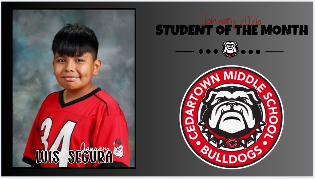 Student of the Month with photo of student on gray background with black and red text with school seal as accent