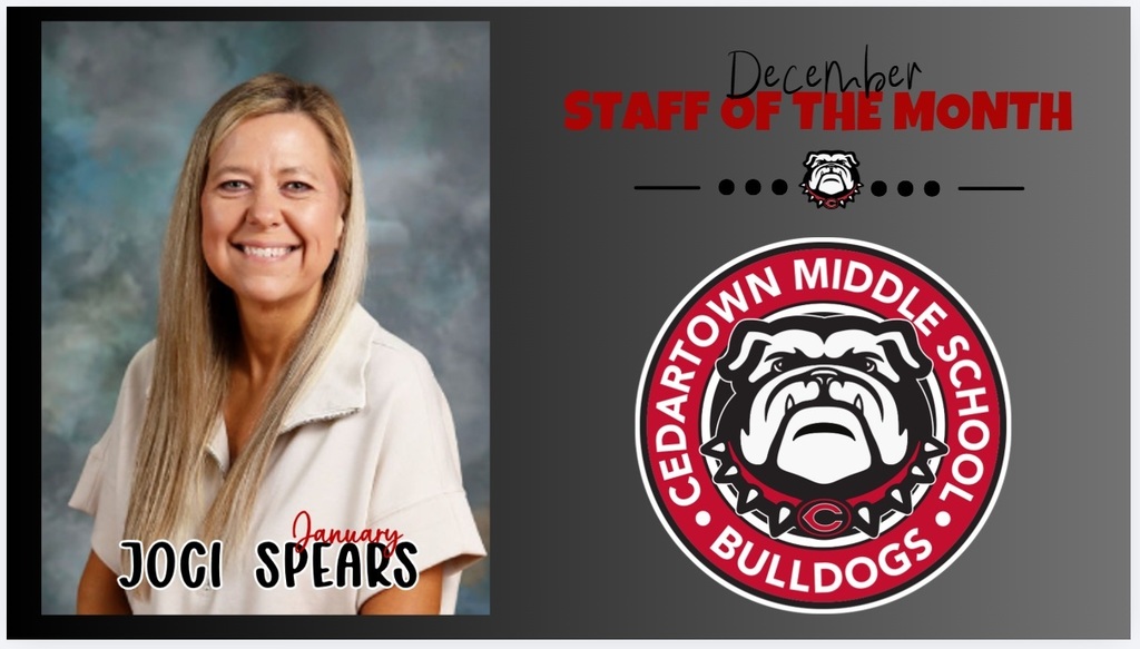 staff of the month photo with gray background and red and black text with school logo as accent