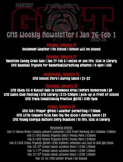 weekly newsletter on black background with red and white text with bulldog logo