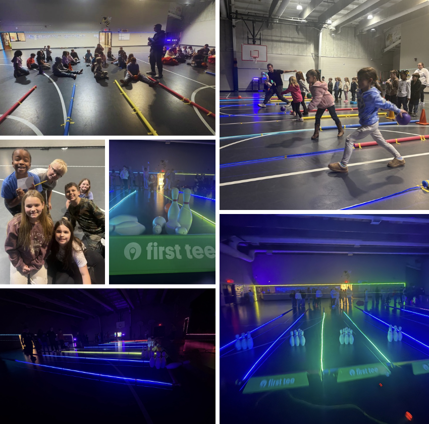 kids participating in cosmic bowling in PE class