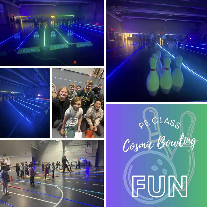 kids participating in cosmic bowling in PE class
