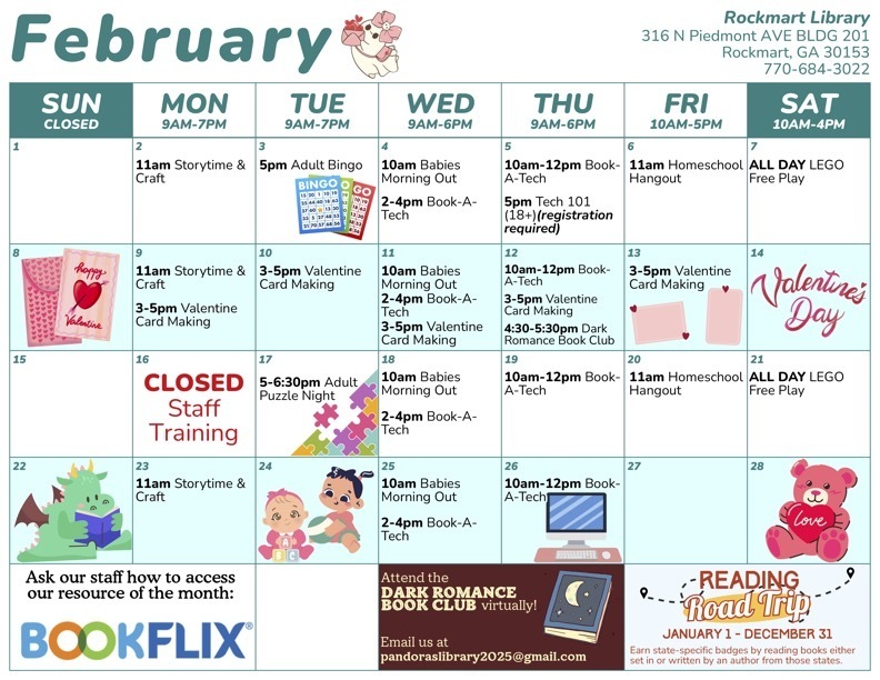 Rockmart Library's February Calendar
