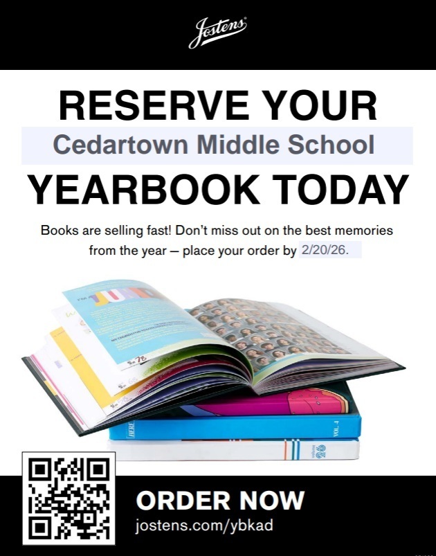 Yearbook Flyer with information for ordering by deadline of February 20th on white background with black text and stacked yearbooks for accent with QR code for quick ordering