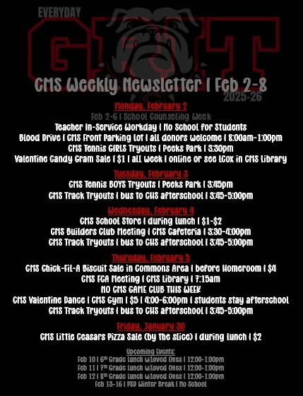 newsletter with dates for events on black background with red and white writing