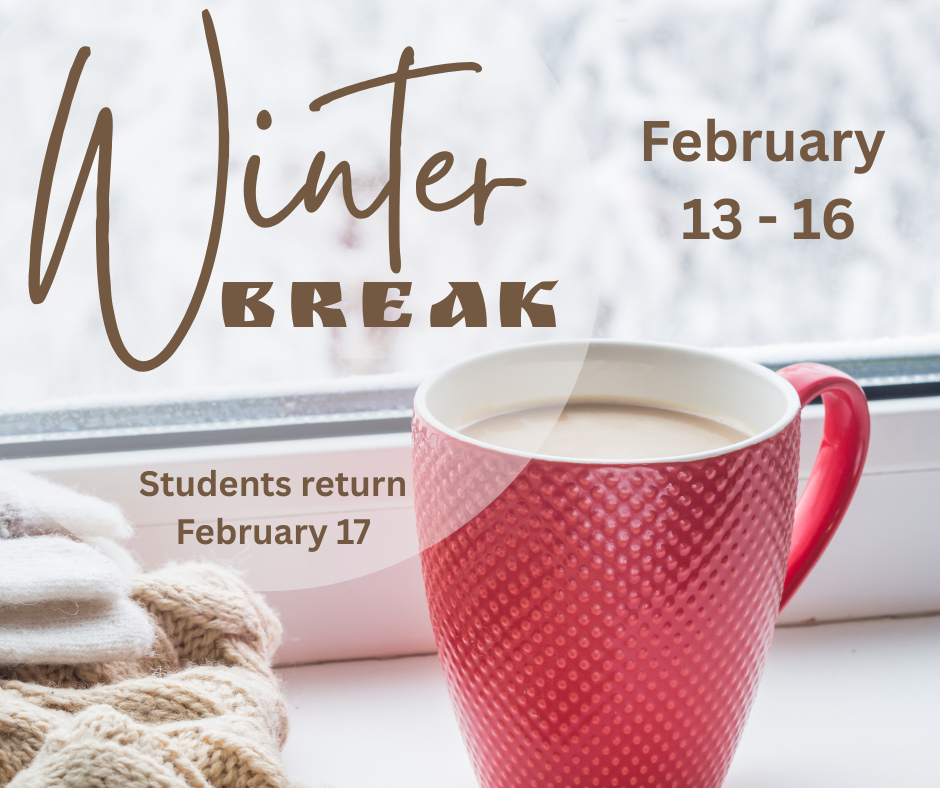 Winter break announcement with coffee mug and snow outside the window.