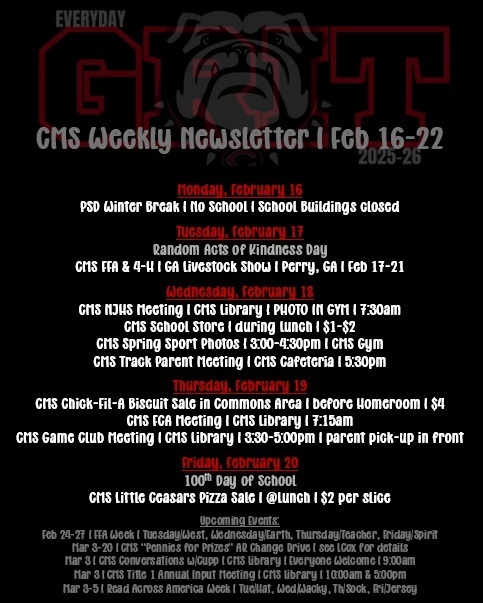 newsletter with weekly events on black background with red and white text with shadow bulldog in background for accent