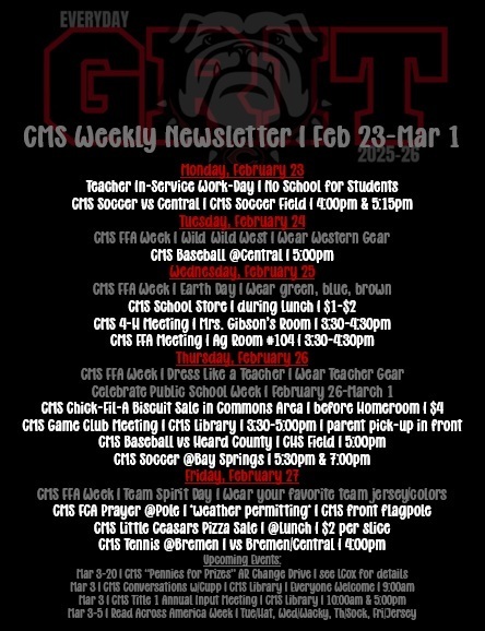 Weekly newsletter with events in red and white text on black background with shadow bulldog in the background for accent