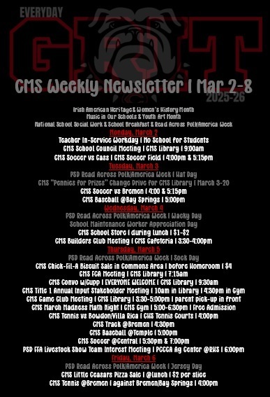 newsletter with events listed on black background with red and white text with shadow bulldog logo as accent