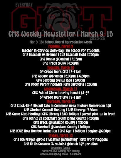 weekly newsletter with daily events in red and white text on black background with shadow bulldog in background for accent