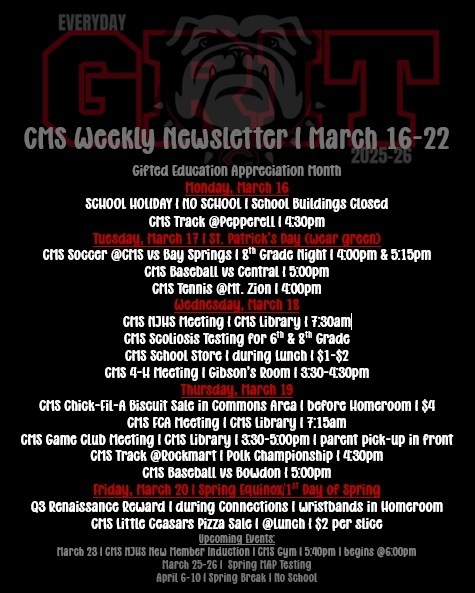 weekly newsletter with red and white text on black background with shadow bulldog as accent