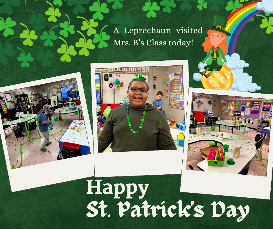 Photo collage with pictures from leprechaun visit showing confetti and green streamers.