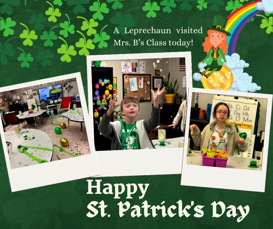 Photo collage with pictures from leprechaun visit showing confetti and green streamers.