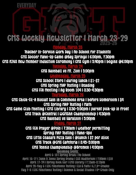 Weekly newsletter on black background with text in red and white with shadow bulldog as accent