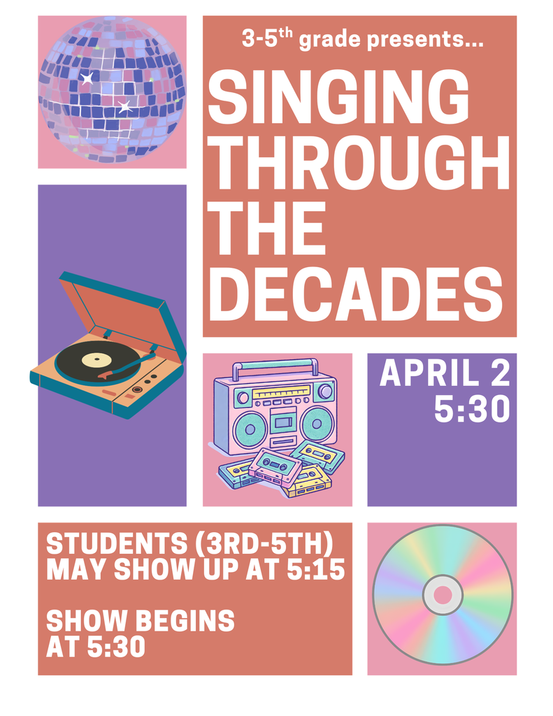3rd through 5th grade's musical is right after the title 1 meeting at 5:30 on April 2nd. 