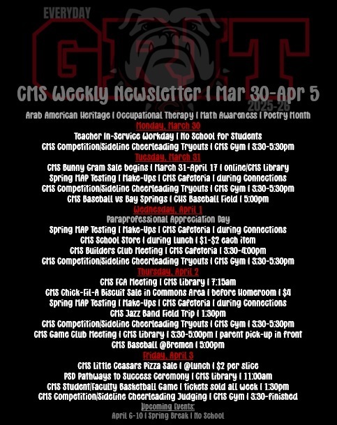 weekly newsletter with events listed by day on black background with red and white text with bulldog mascot as accent